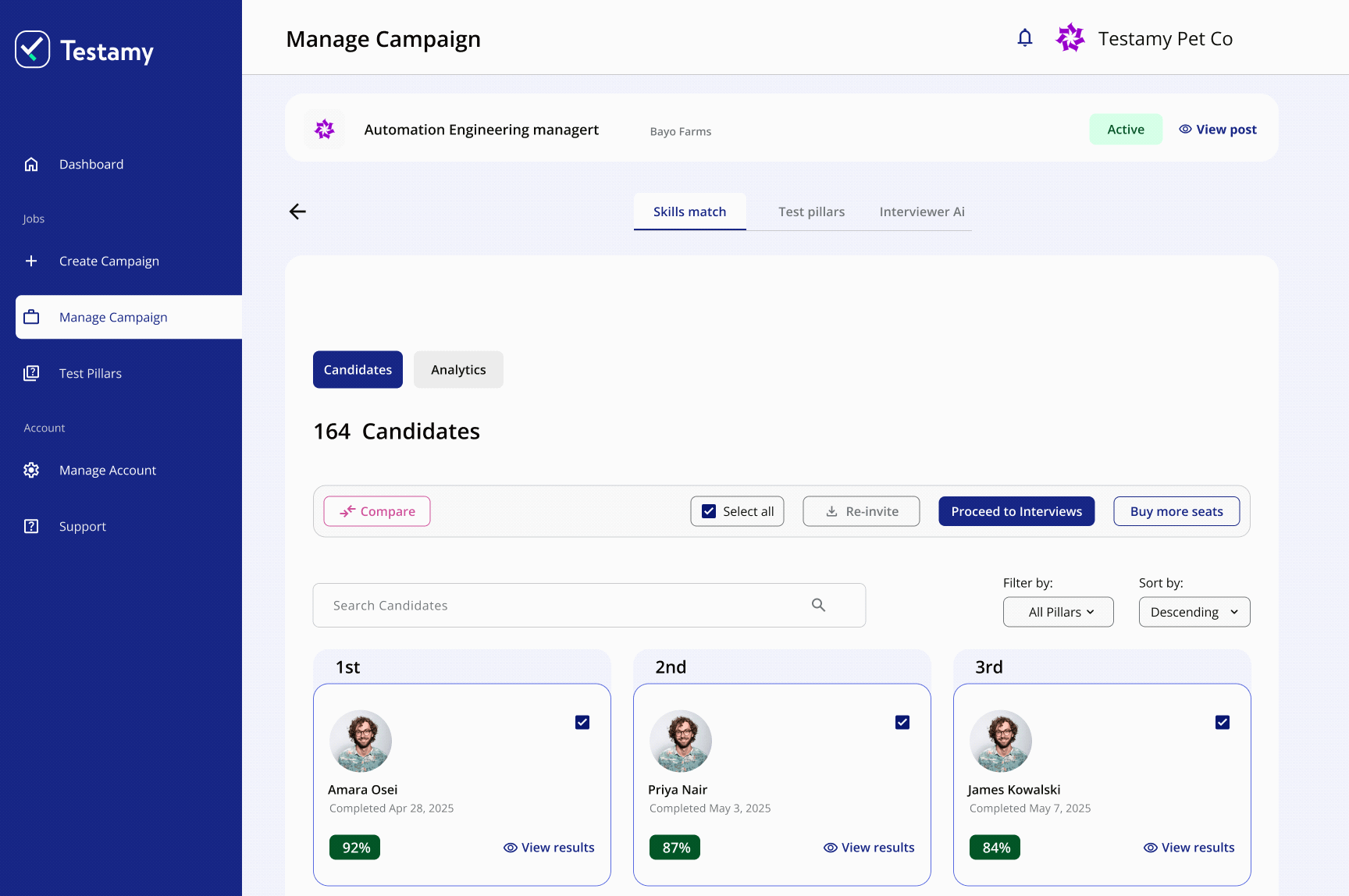 Skills Match candidate ranking dashboard